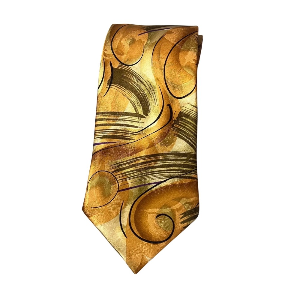 J Garcia Mens Tie Gold Abstract Swirl Pattern Silk‎ Blend Necktie Grateful Dead